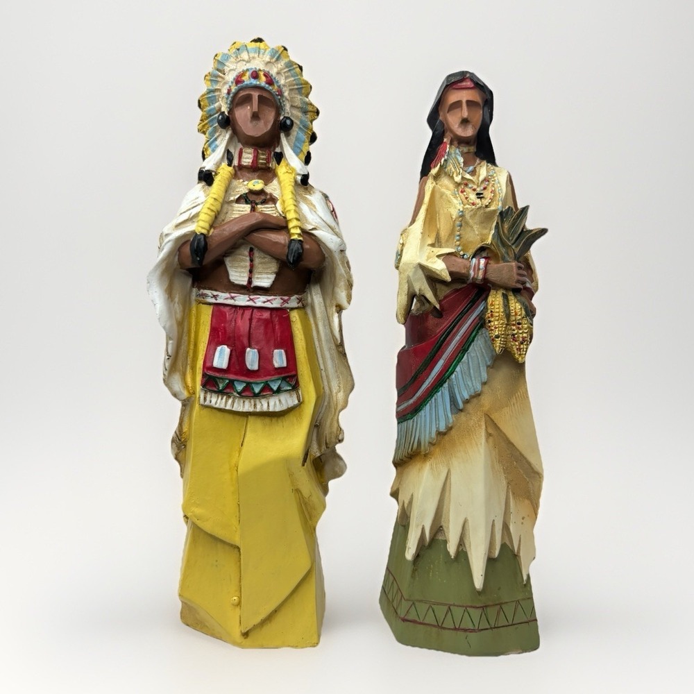 Pacific Rim Cubist Native American Indian Woman & Chief 9" Thanksgiving Decor